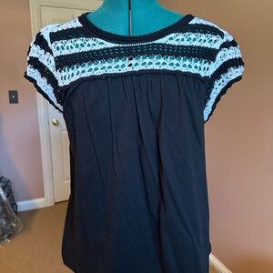 LOFT Black Top with White Crochet Yoke
